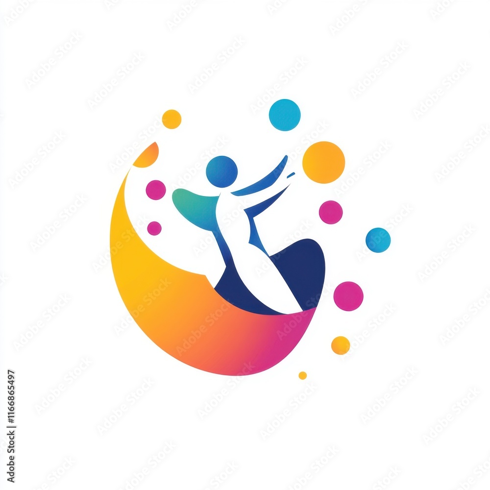 Poster a colorful abstract logo featuring a stylized figure joyfully interacting with vibrant circles.