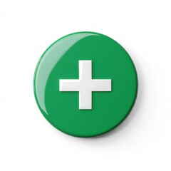 Fototapeta premium A glossy green button with a bold white plus sign, symbolizing addition or medical aid.
