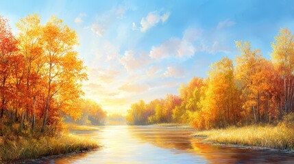 Fototapeta premium A painting of a river in the middle of a forest