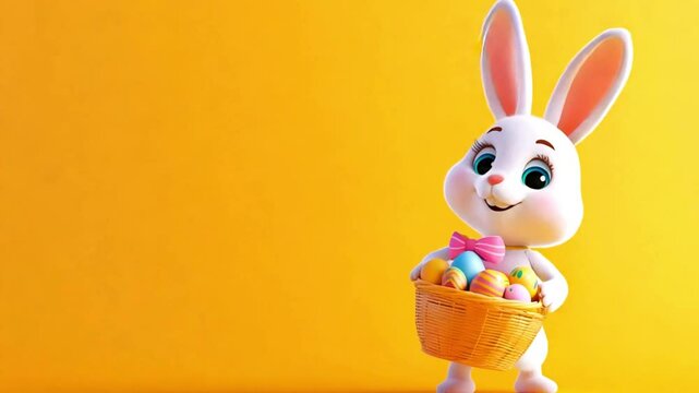 Easter bunny animation with painted Easter eggs in basket cute video. Beautiful Easter background with colorful Easter eggs. 3d animation 4k video. Funny cartoon with Copy space. Happy Easter