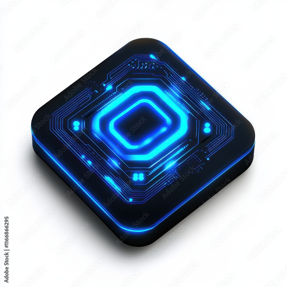 Poster a glowing blue microchip with intricate circuit patterns against a sleek black background.
