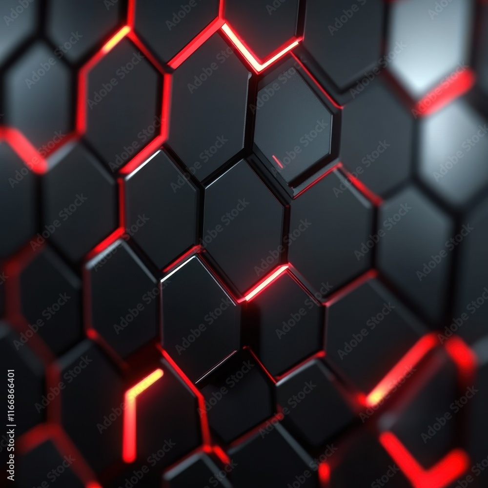 Poster a striking close-up of a black hexagonal pattern illuminated by vibrant red lights.