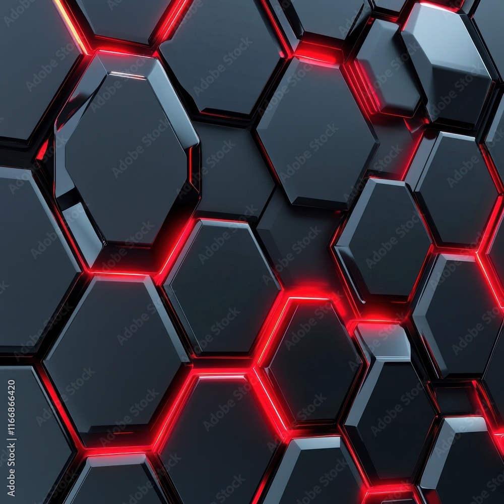 Poster futuristic black hexagonal wall with glowing red accents, creating a dynamic and modern atmosphere.