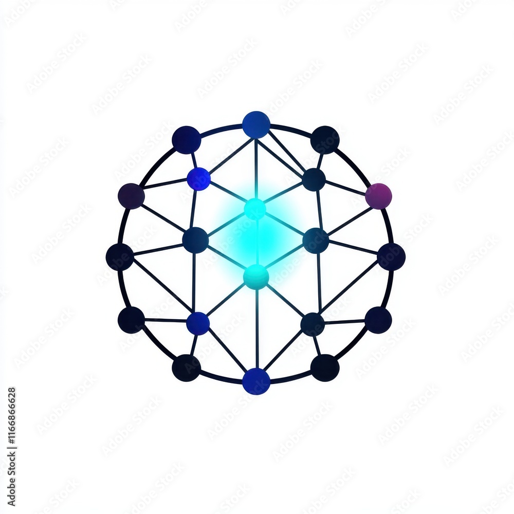 Poster abstract representation of interconnected nodes forming a network structure with a bright, glowing c