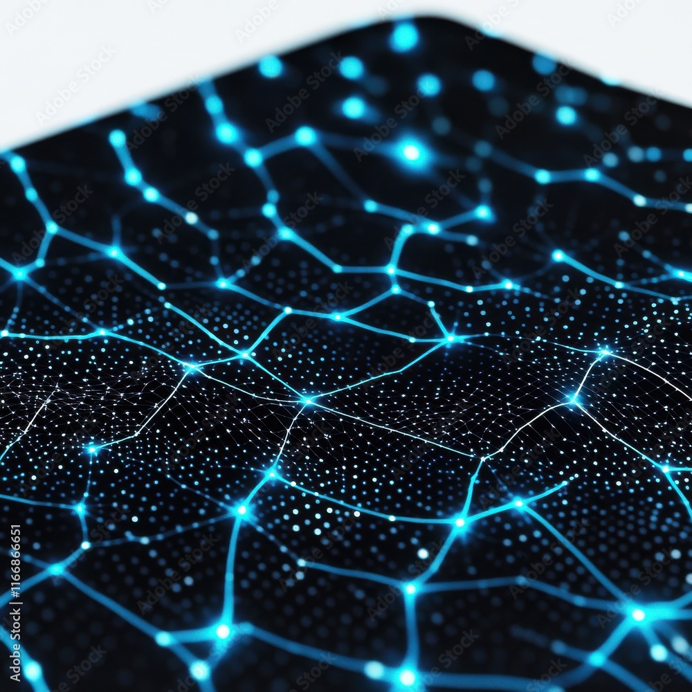 Poster abstract digital network with glowing blue nodes and connections on a dark background.