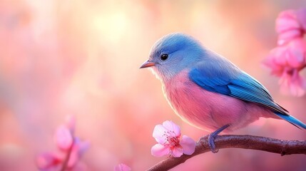 Obraz premium A blue and pink bird sitting on a branch with pink flowers