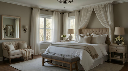 A clean and inviting bedroom features a large bed adorned with soft blankets and pillows,generative.ai
