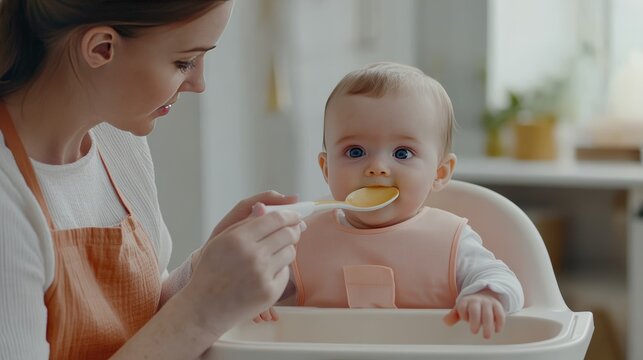 Mother Feeding Baby Puree, Happy Family Meal - Authenticity