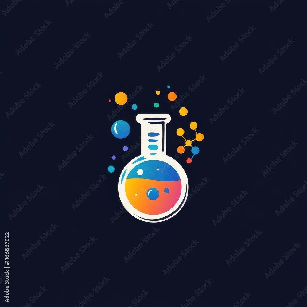 Poster colorful laboratory flask with bubbling liquids and floating particles on a dark background.