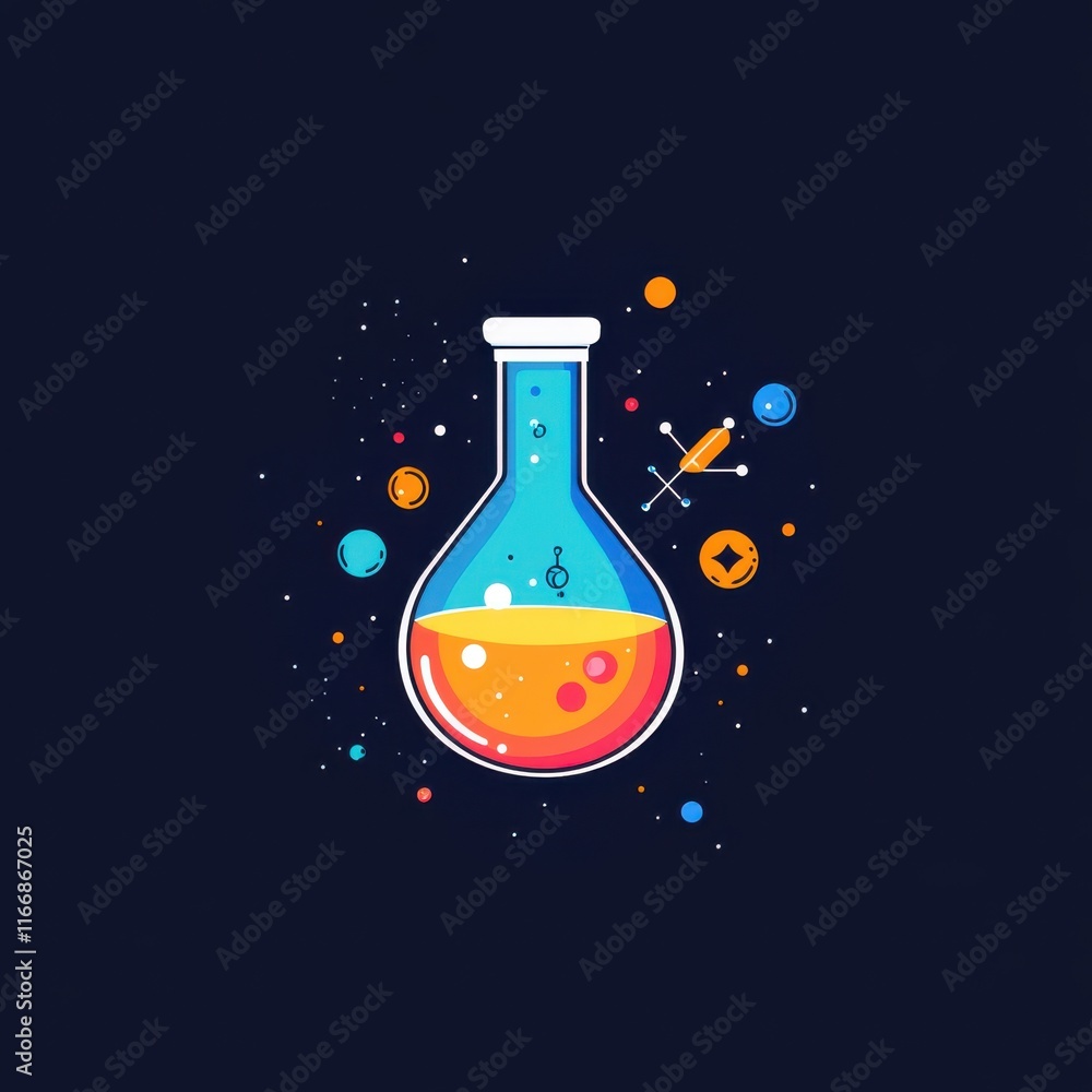 Poster colorful laboratory flask filled with vibrant liquid, surrounded by cosmic elements and artistic sha