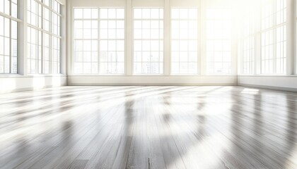 Fototapeta premium Bright Modern Room Interior with Large Windows and Sunlight Streaming Through Hardwood Floor