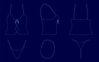 Three blue images of a woman's underwear, one of which is a bikini top. The images are all in blue. The mood of the images is abstract and artistic