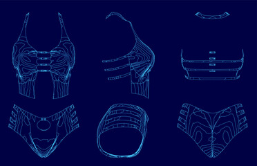 Series of blue images of women's underwear and swimwear. The images are pixelated and abstract, giving them a futuristic and futuristic feel