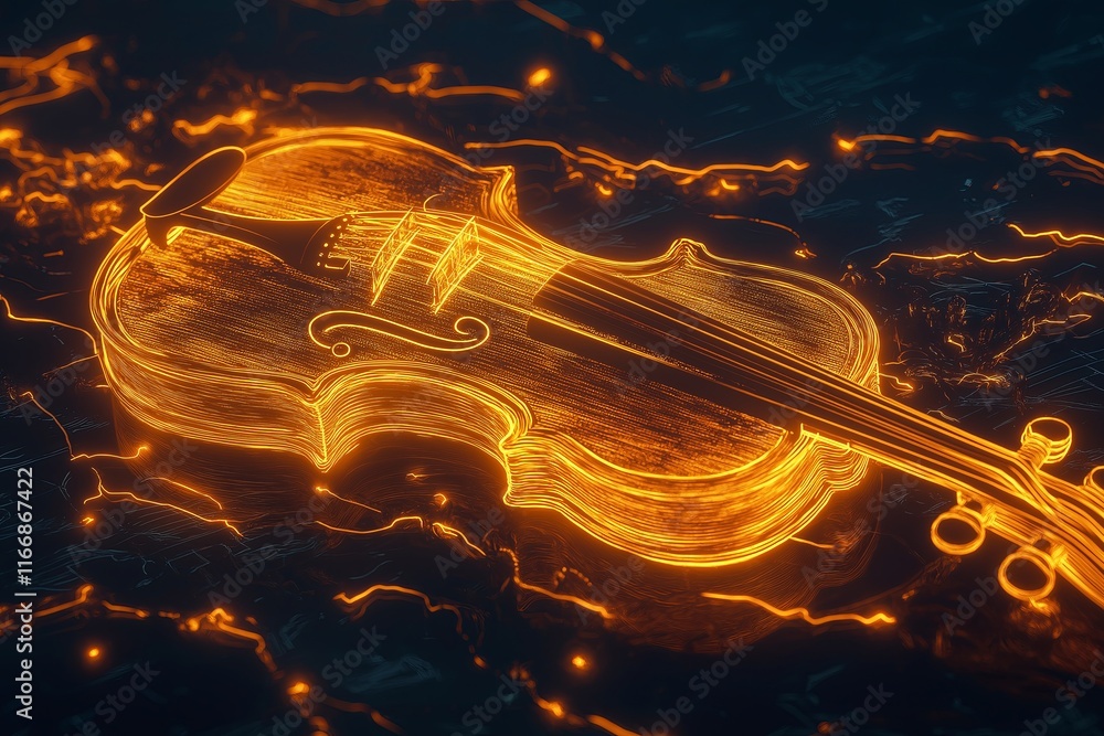 Poster a glowing violin dissolving into swirling streaks of music notes and light