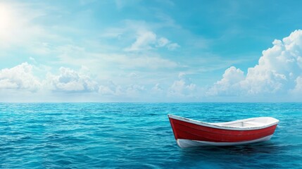 Naklejka premium A red and white boat floating in the middle of the ocean