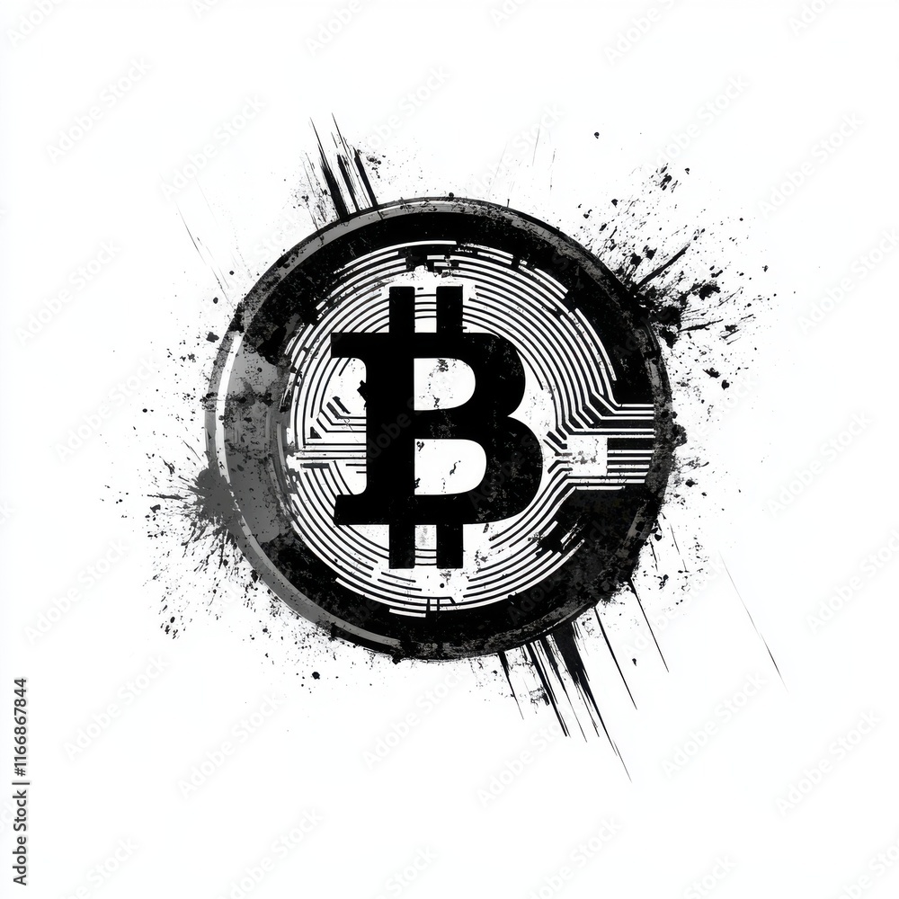 Poster a dynamic representation of bitcoin symbol with abstract splashes, embodying digital currency's ener