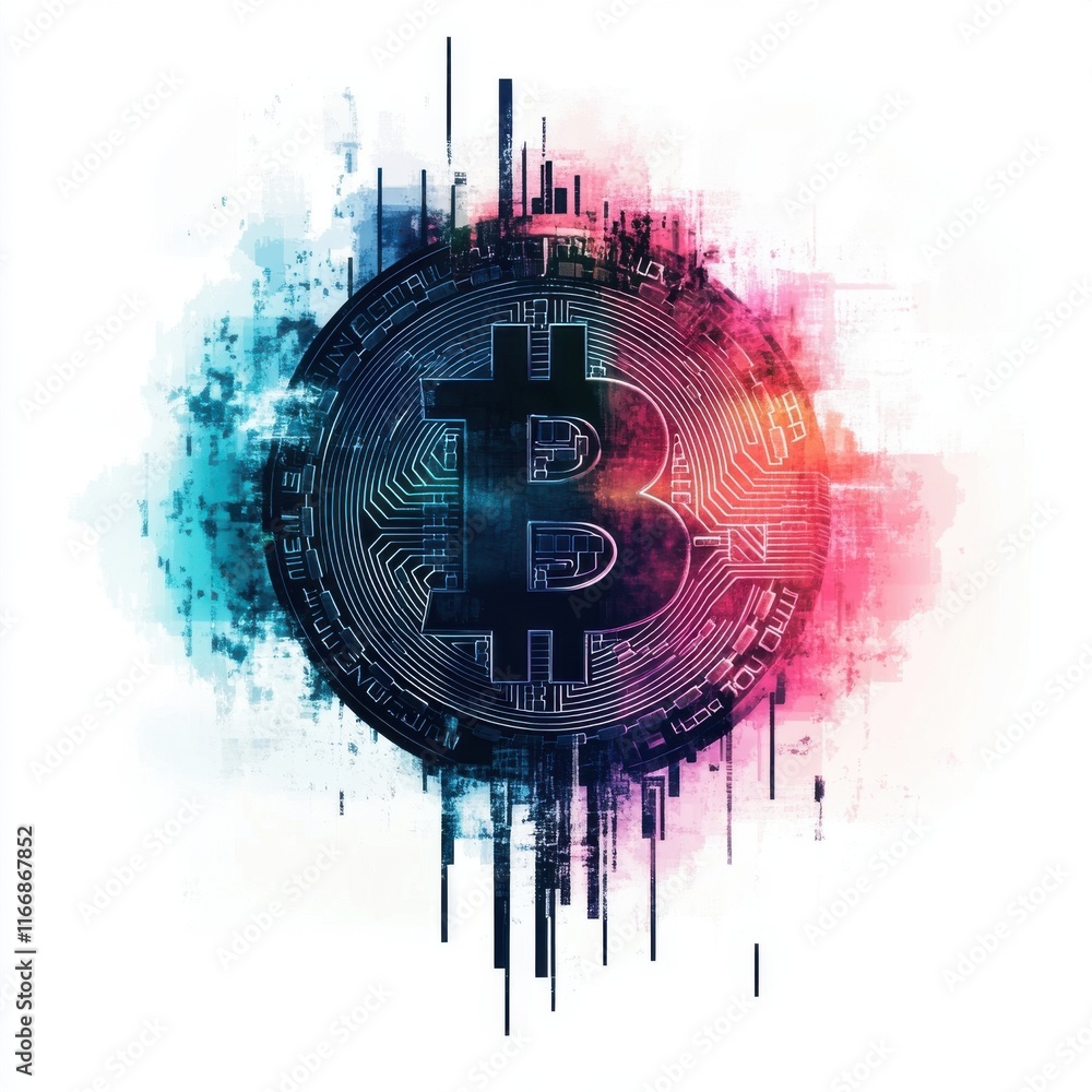 Poster dynamic abstract representation of bitcoin with vibrant colors and digital elements.
