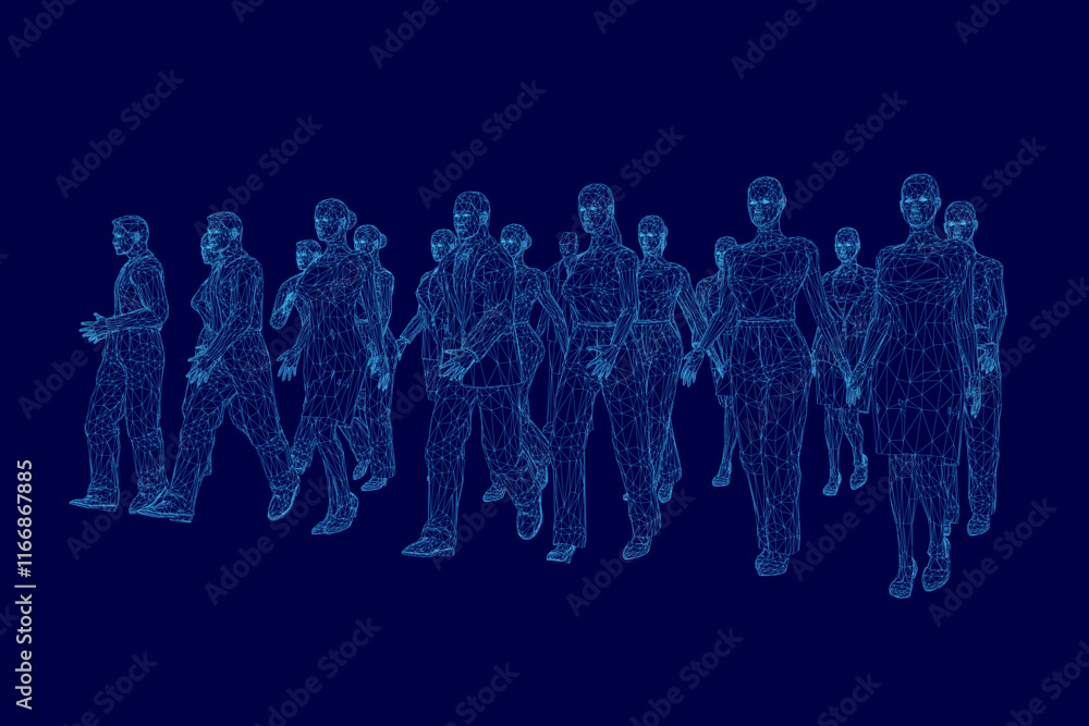 Poster group of people are walking in a line. the people are all different sizes and are walking in differe