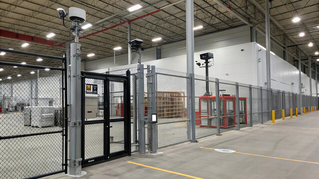 secure warehouse facility with advanced security features, including surveillance cameras and gated entrance, ensuring safety and protection of stored goods