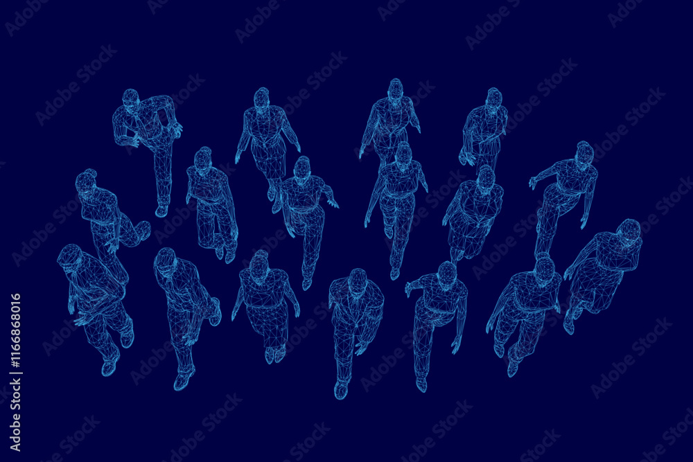 Poster blue background with a group of people in motion. the people are in various positions and some are r