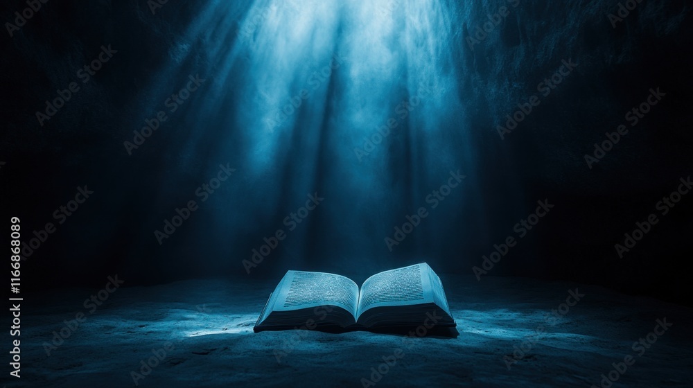 Poster open book illuminated in dark cavernous setting