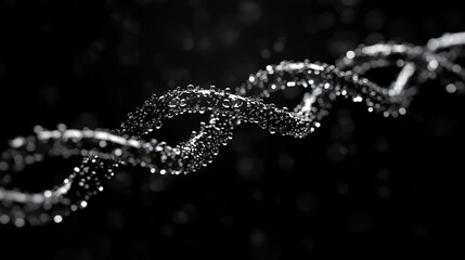 Water droplets on dna helix structure in black and white