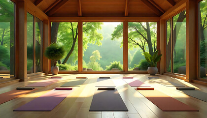 Obraz premium A bright yoga studio with wooden floors, floor-to-ceiling windows overlooking a scenic outdoor view, Empty Yoga studio room, created with generative ai