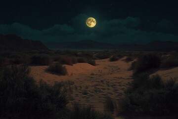 A moonlit desert scene, with exaggerated shadows and glowing, surreal colors