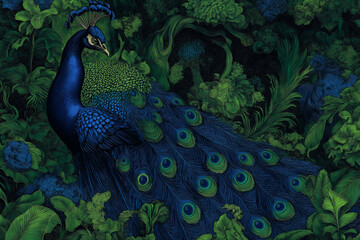 Fototapeta premium A peacock with glowing feathers, painted in surreal, exaggerated patterns of blues and greens