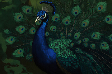 A peacock with glowing feathers, painted in surreal, exaggerated patterns of blues and greens