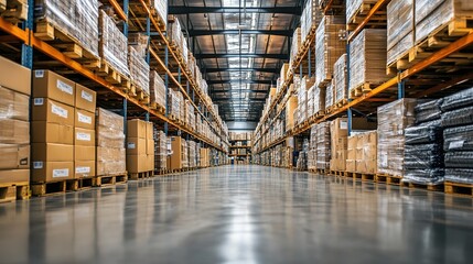 Fototapeta premium Modern warehouse interior with tall shelving and cardboard boxes