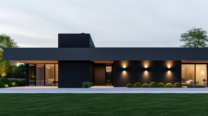 Fototapeta premium Modern black house with large windows and landscaped surroundings.