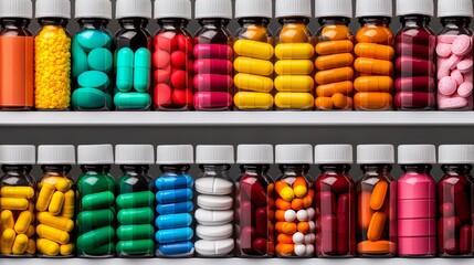 A shelf filled with lots of different colored pills and capsules