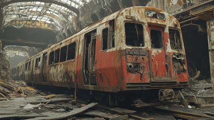 Obraz premium Abandoned rusted train in decaying urban station
