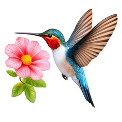 Vibrant illustration of a hummingbird in flight, hovering near a delicate pink flower.