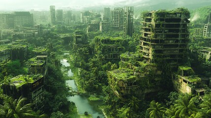 Obraz premium Overgrown urban ruins: nature reclaims abandoned city with lush green vegetation