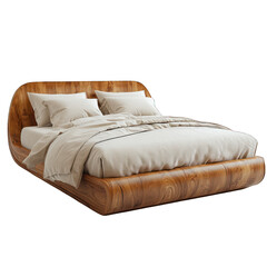 A modern wooden bed with soft bedding, designed for comfort.