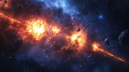 Fototapeta premium Fiery cosmic explosion with asteroids and stars in deep space