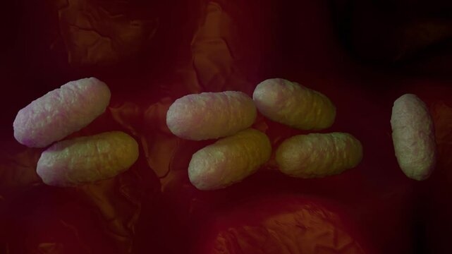 Close-up microscopic view of Yersinia pestis bacteria, the cause of plague, shown as rod-shaped bacteria with a pinkish-red background