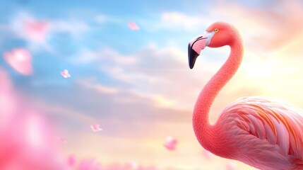 Naklejka premium A pink flamingo standing in front of a blue sky