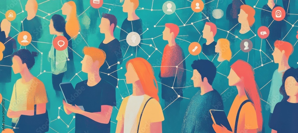 Aufkleber People networking. Technology wireless server communication system. Business people team social linked database. Generative AI technology.	
