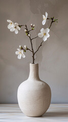 Delicate yellow blossoms in speckled vase on table.