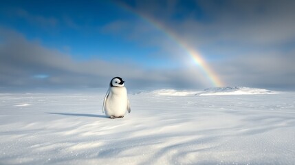 A small penguin standing in the snow with a rainbow in the background