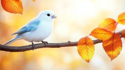 Obraz premium A small white bird sitting on a branch with orange leaves