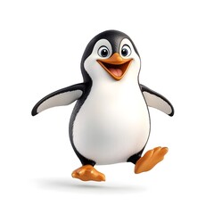 Obraz premium A cheerful, cartoon penguin character is depicted in a dynamic jumping pose, with its arms outstretched and a wide, happy expression.