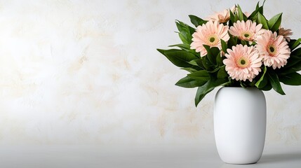 A white vase with pink flowers in it on a table