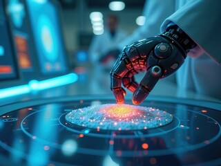 Robotic hand interacting with a holographic interface in a futuristic laboratory during a tech demonstration