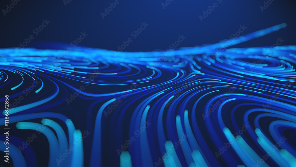 Poster technological data streams with glowing blue lines flowing in dynamic abstract patterns.