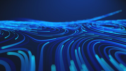 Technological data streams with glowing blue lines flowing in dynamic abstract patterns. © RDVector