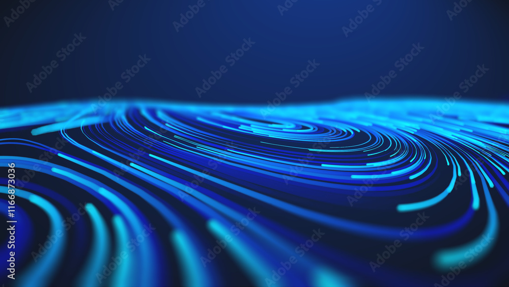 Poster dynamic flowing blue lines representing abstract futuristic data processing and visualization.
